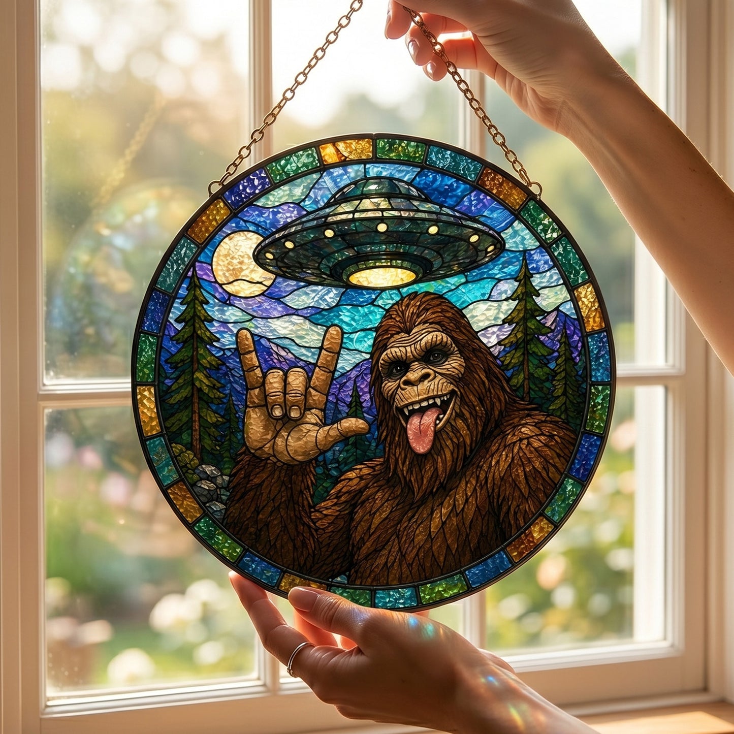Bigfoot UFO Stain Glass Suncatcher
