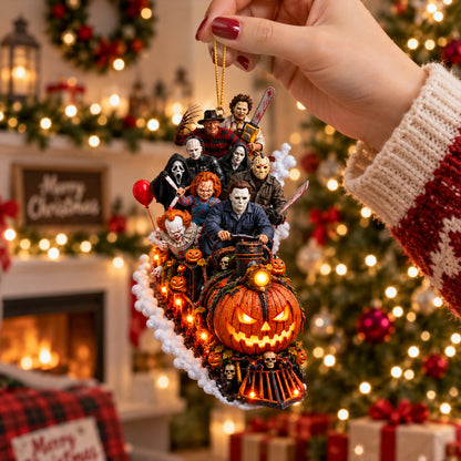 Horror Icons Halloween Train Christmas Ornament – Spooky Slasher Characters Pumpkin Express Hanging Decoration, Horror Fan Gift