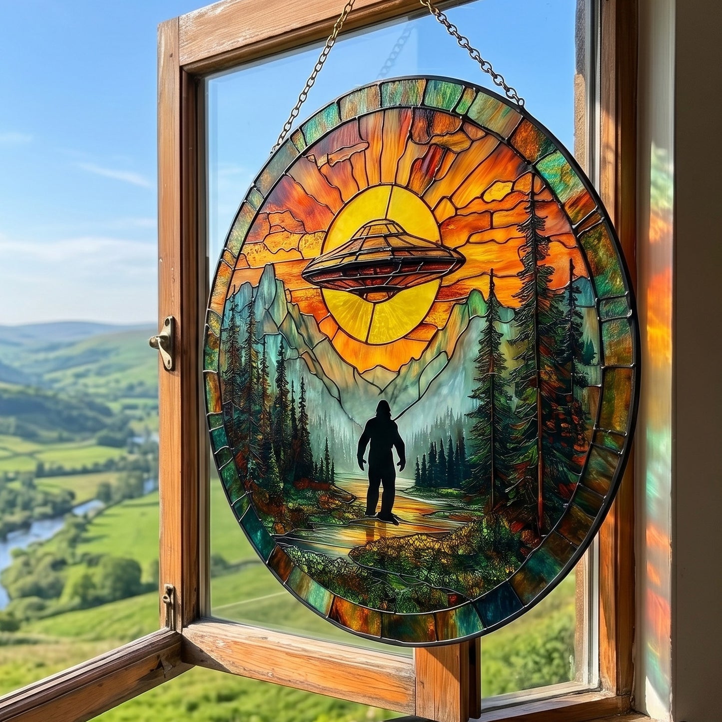 Bigfoot UFO Stain Glass Suncatcher