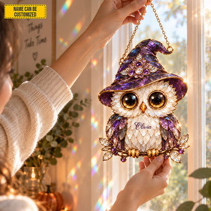 Personalized Witch Owl Suncatcher – Custom Name Stained Glass Window Decor