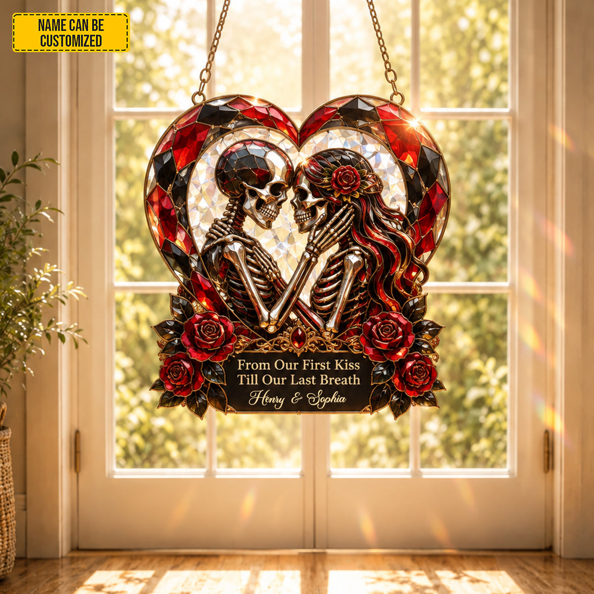 Personalized Skeleton Couple Suncatcher – Gothic Romantic Window Decor
