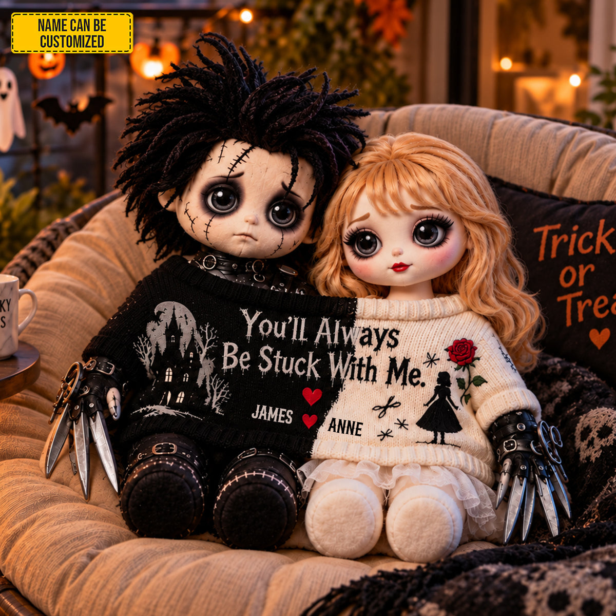 Personalized Gothic Love Couple Dolls Custom Shape Pillow