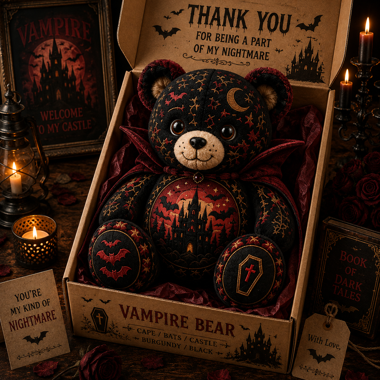 Vampire Night Bear Custom Shaped Pillow – Gothic Halloween Gift for Vampire & Spooky Season Lovers