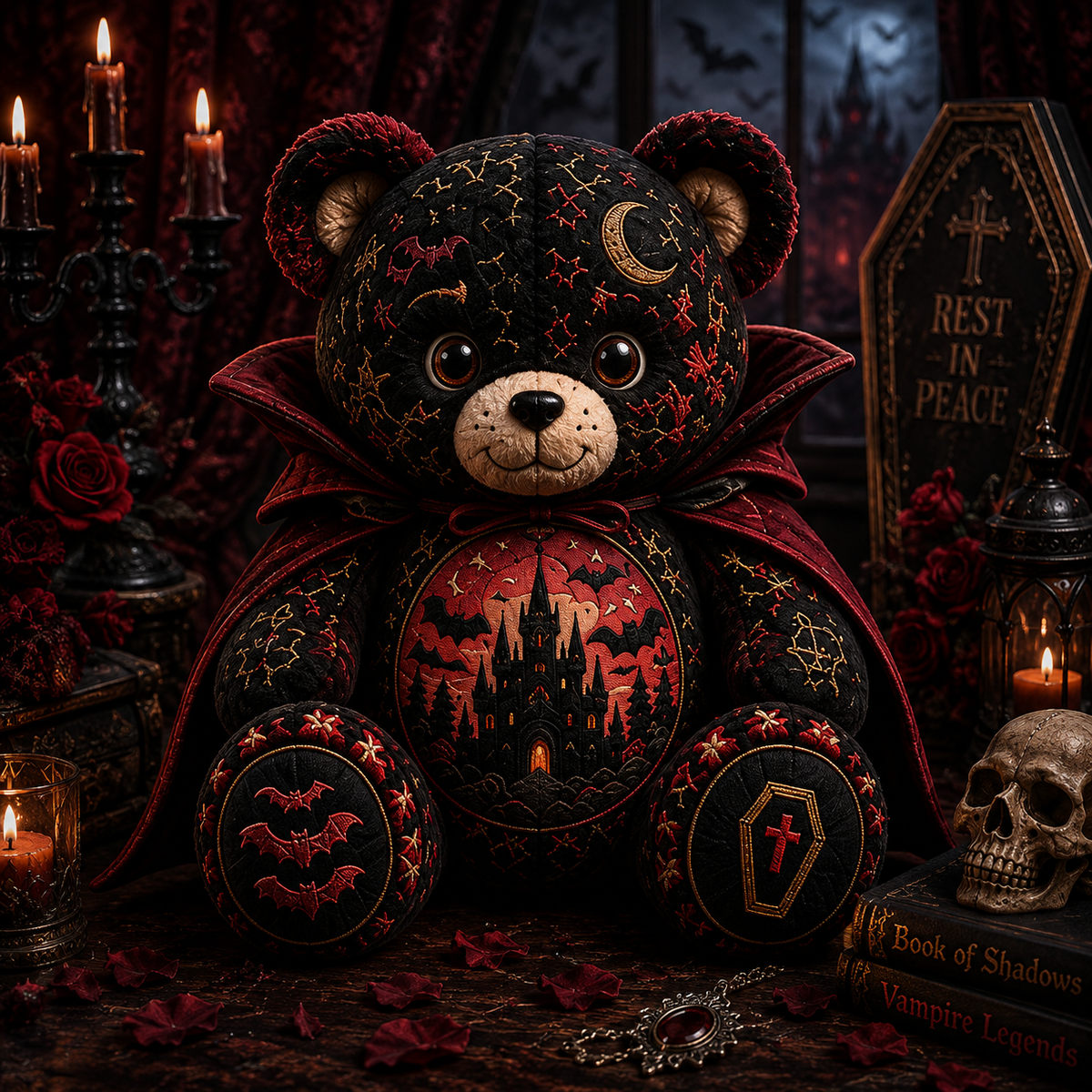 Vampire Night Bear Custom Shaped Pillow – Gothic Halloween Gift for Vampire & Spooky Season Lovers