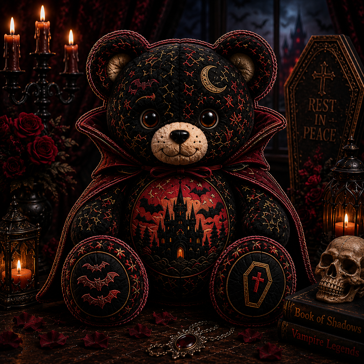 Vampire Night Bear Custom Shaped Pillow – Gothic Halloween Gift for Vampire & Spooky Season Lovers