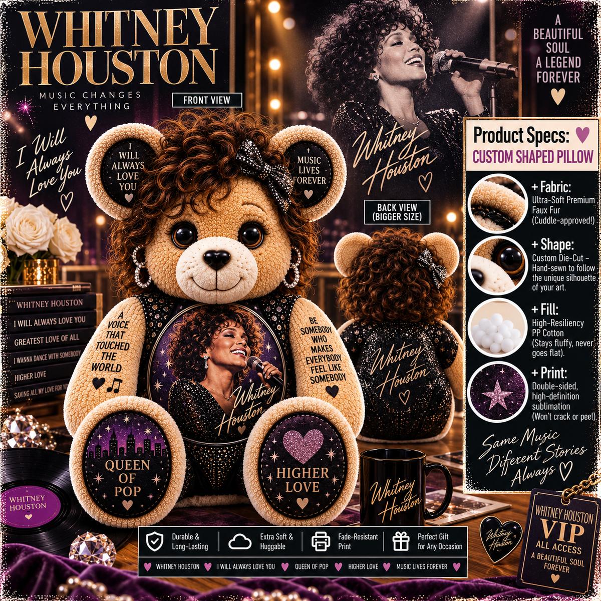 Whitney Houston Custom Shaped Bear Pillow – Music Legend Inspired Gift for Fans