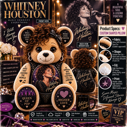 Whitney Houston Custom Shaped Bear Pillow – Music Legend Inspired Gift for Fans