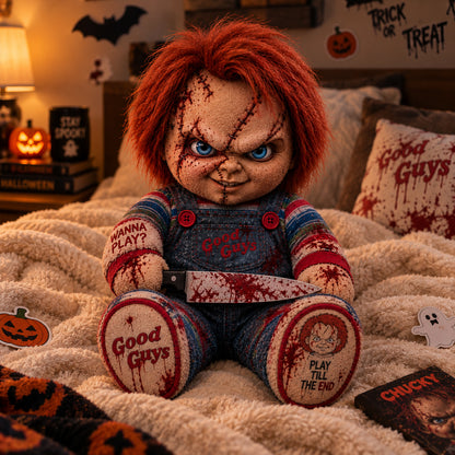 Wanna Play? Killer Doll Horror Custom Shape Pillow – Creepy Halloween Collector Gift
