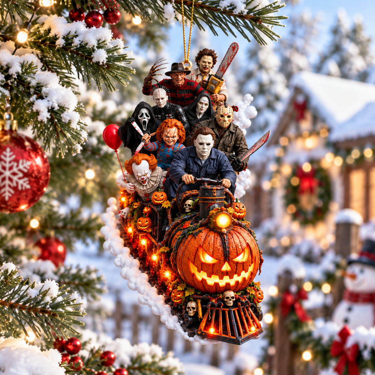Horror Icons Halloween Train Christmas Ornament – Spooky Slasher Characters Pumpkin Express Hanging Decoration, Horror Fan Gift