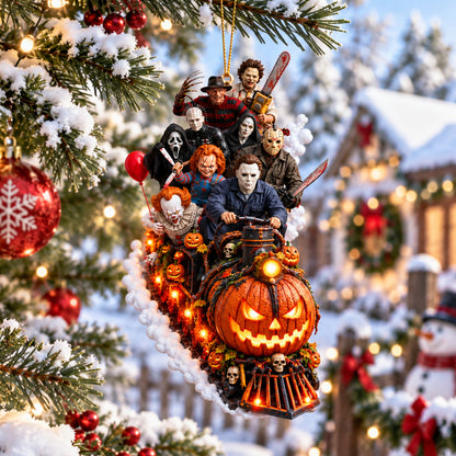Horror Icons Halloween Train Christmas Ornament – Spooky Slasher Characters Pumpkin Express Hanging Decoration, Horror Fan Gift