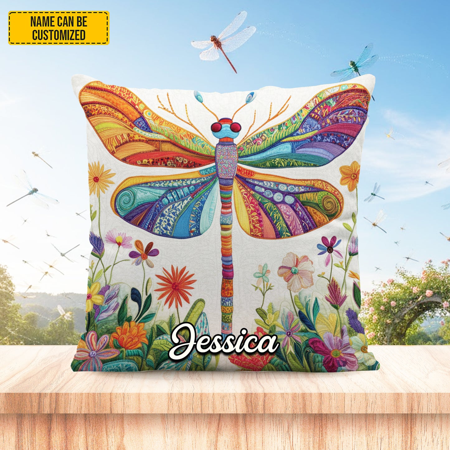 Personalized Colorful Dragonfly & Flowers Pillow
