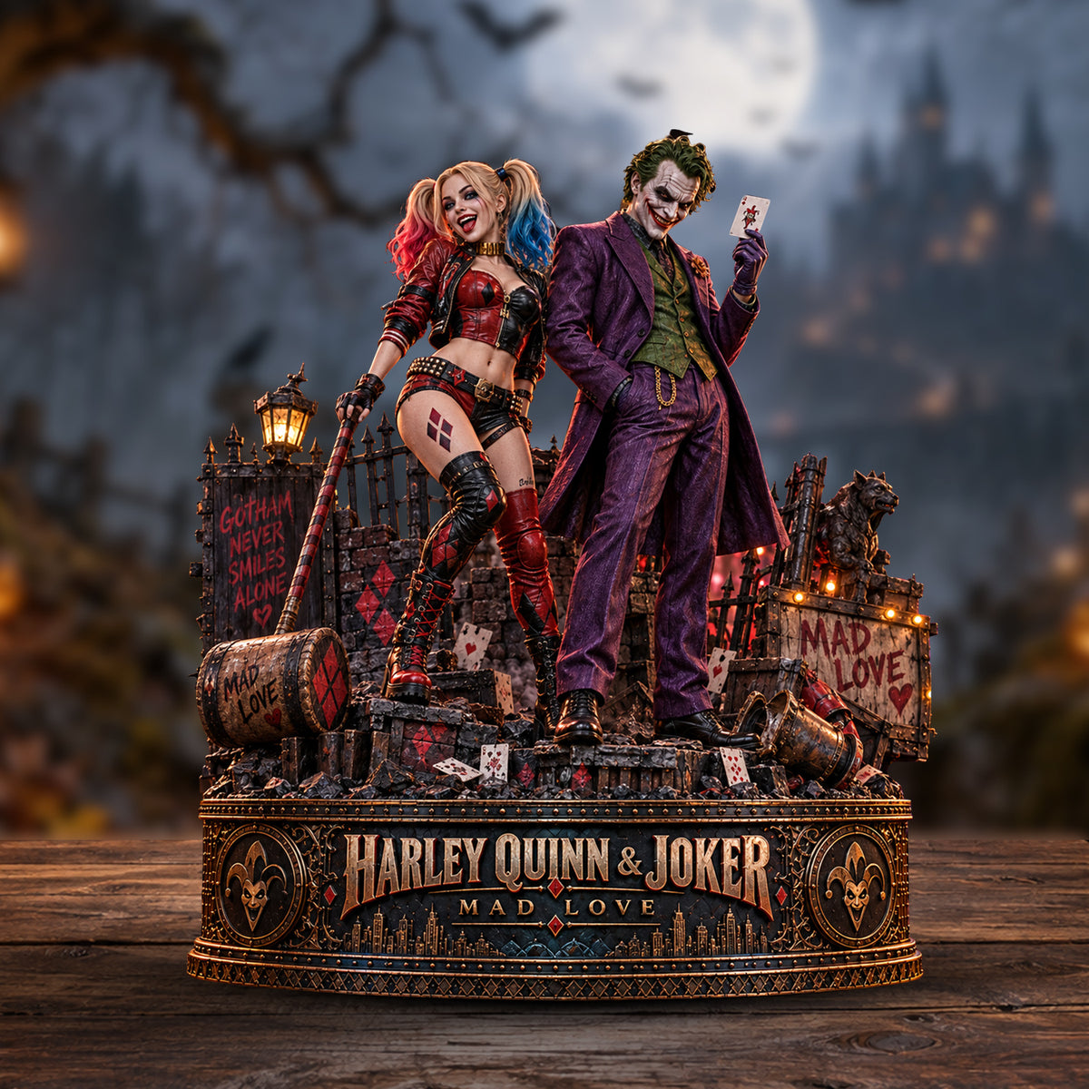 Harley Quinn & Joker Mad Love Gotham Wooden Block - Collectible Table Decor