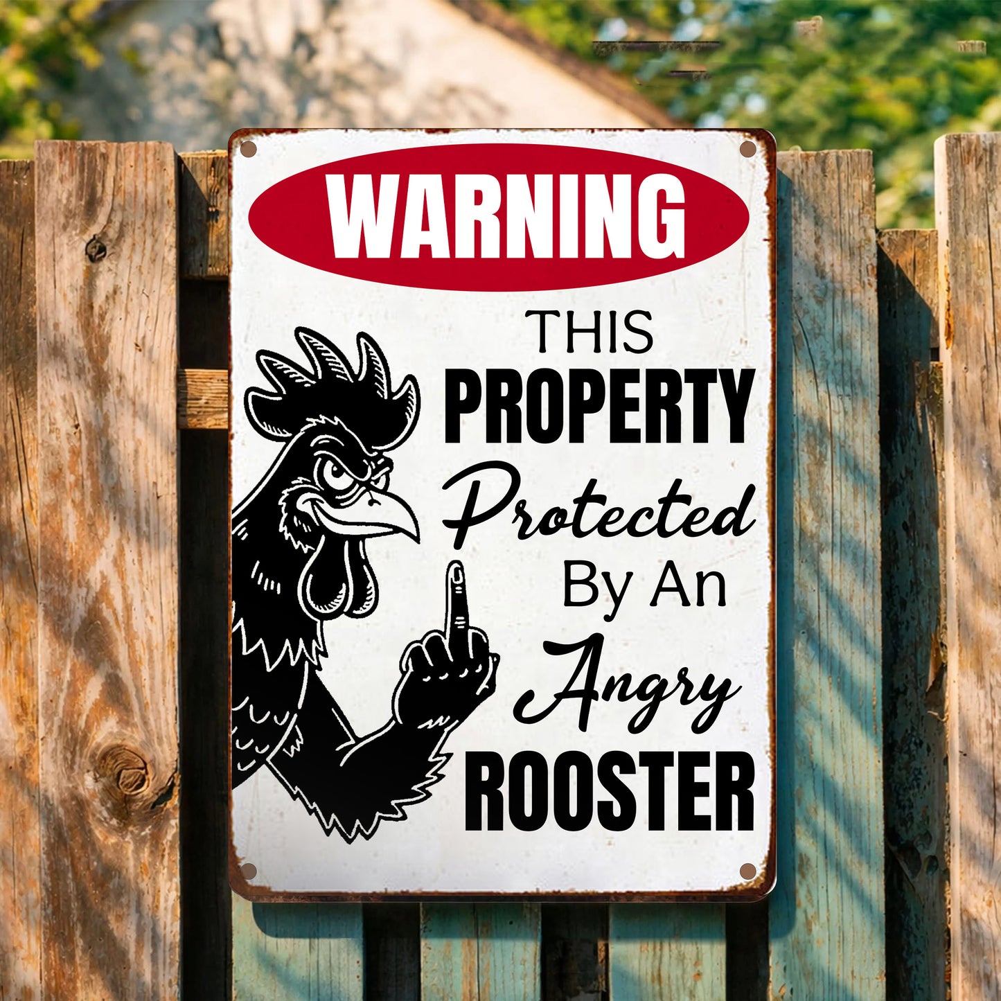 Funny Chicken Metal Sign - Warning This Preperty Protected By An Angry Rooster