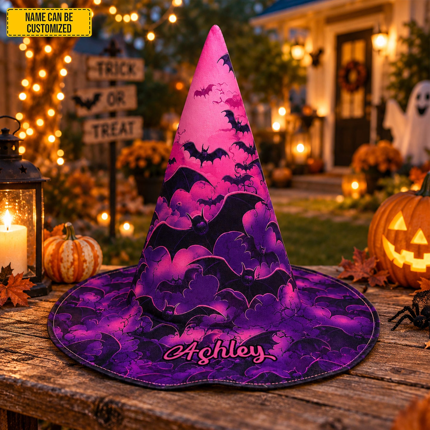 Personalized Bat Witch Hat – Custom Name Halloween Gift for Witch Lovers