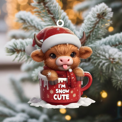 Cute Highland Cow In Mug Christmas Acrylic Ornament
