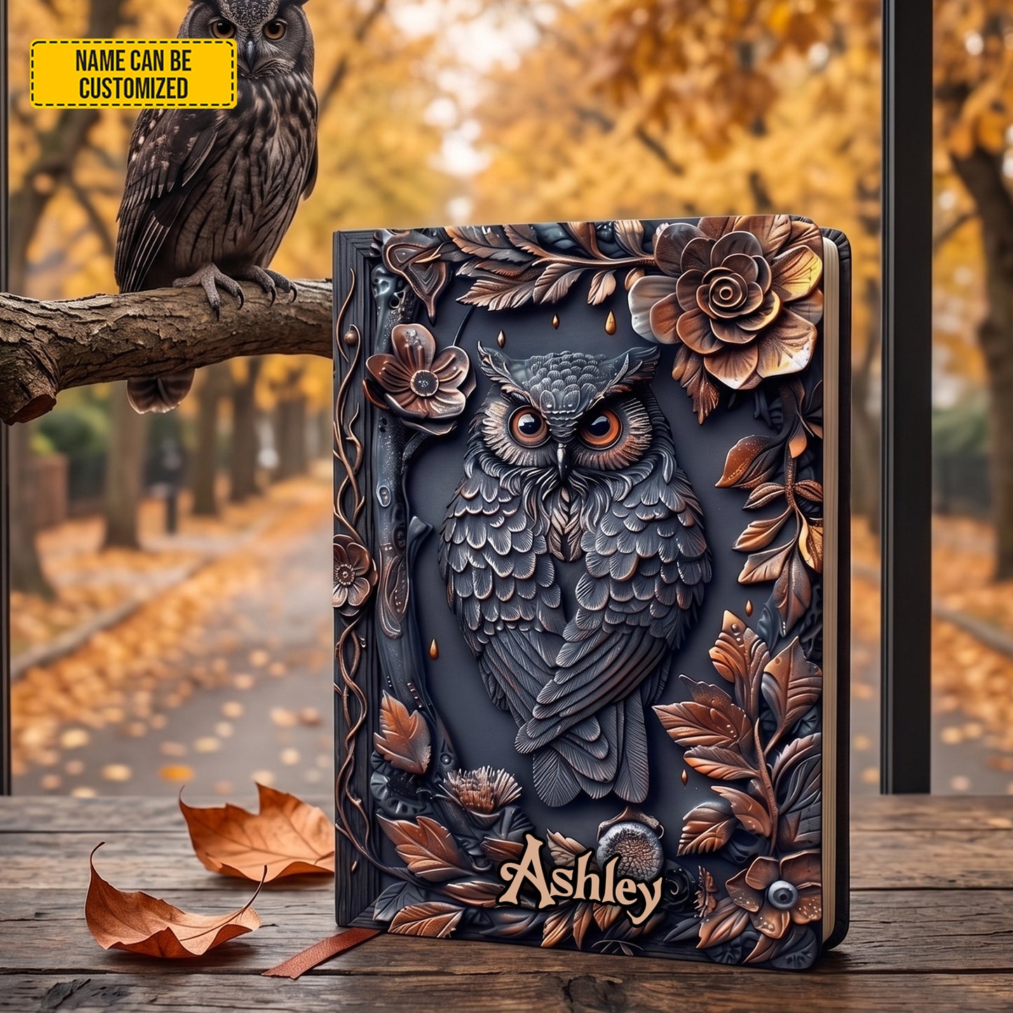 Personalized Floral Owl Leather Journal