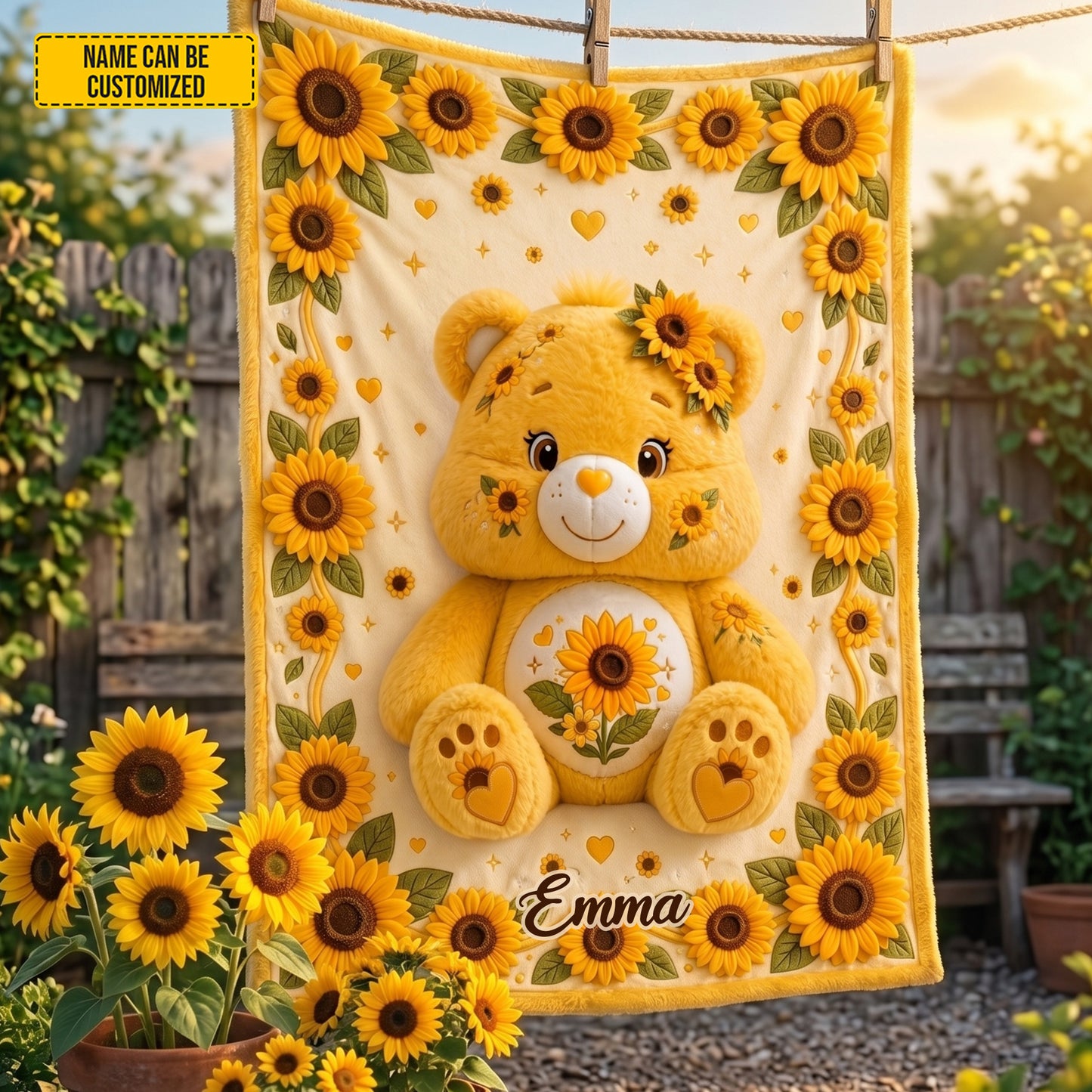 Personalized Sunflower Bear Blanket