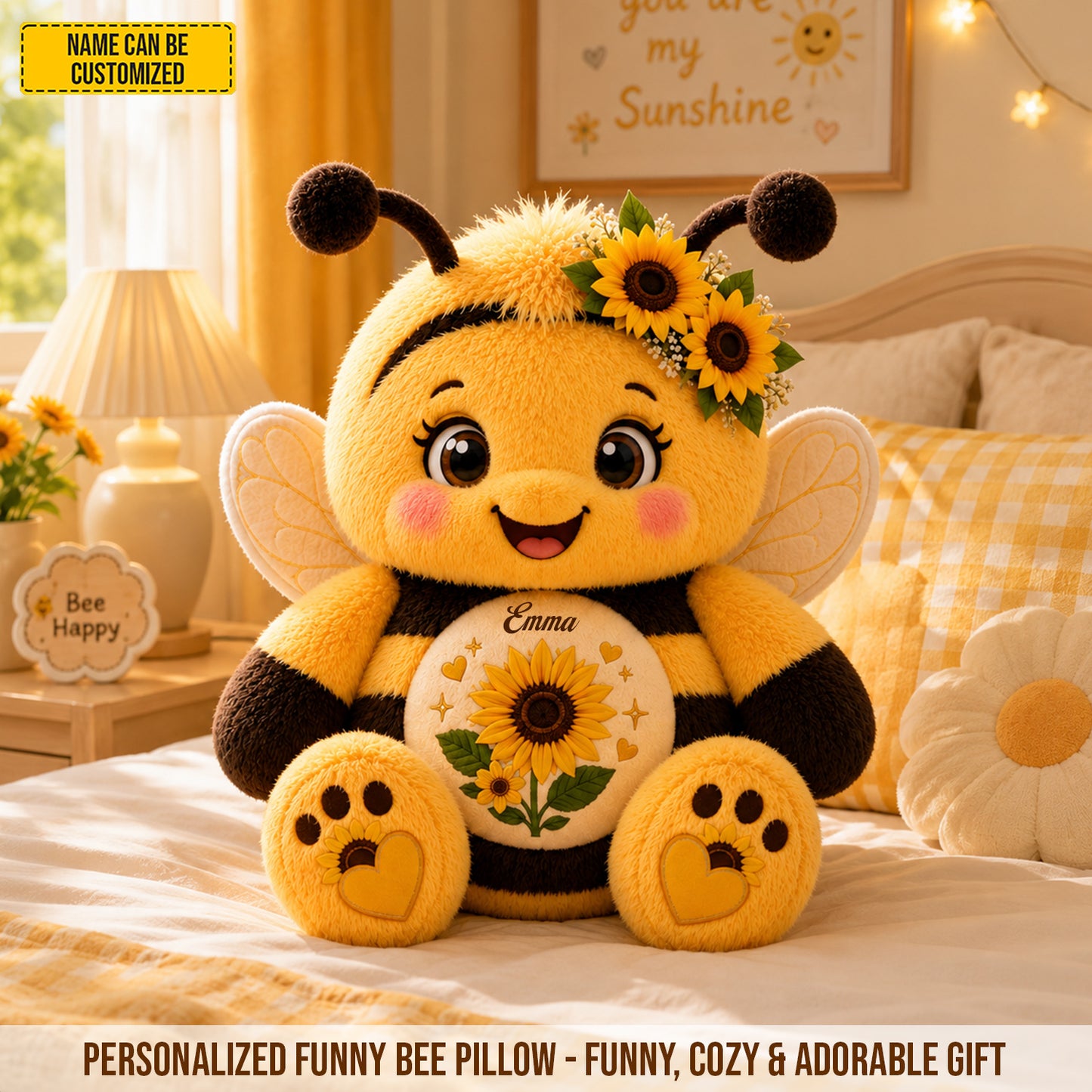 Personalized Cute Sunflower Bee Pillow