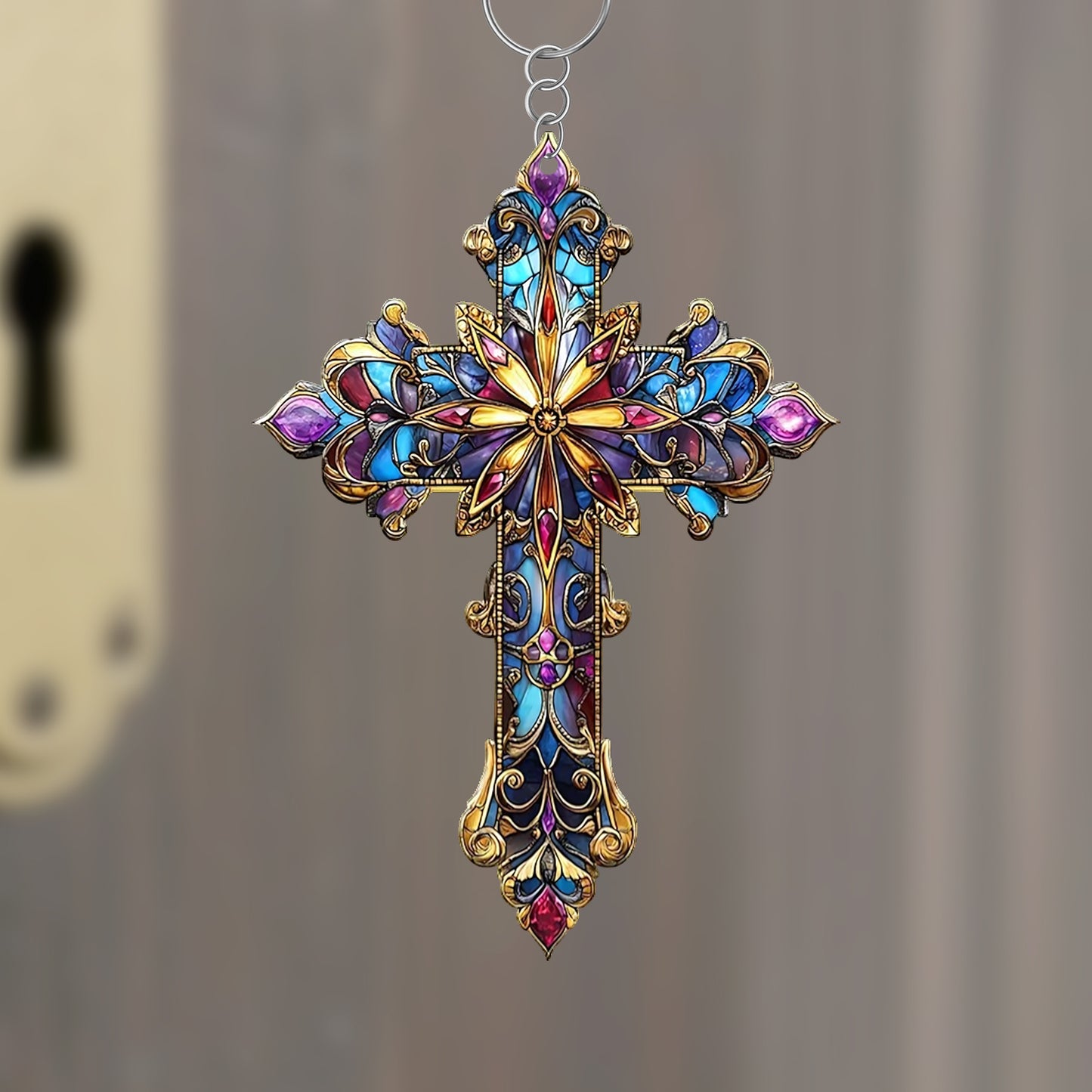 Stained Glass Cross Keychain
