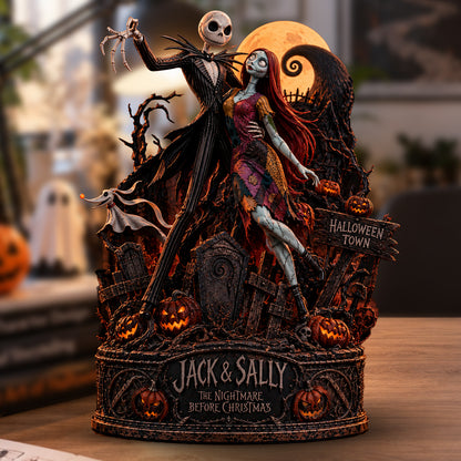 Jack & Sally Halloween Town Gothic Romance Wooden Block - Collectible Table Decor