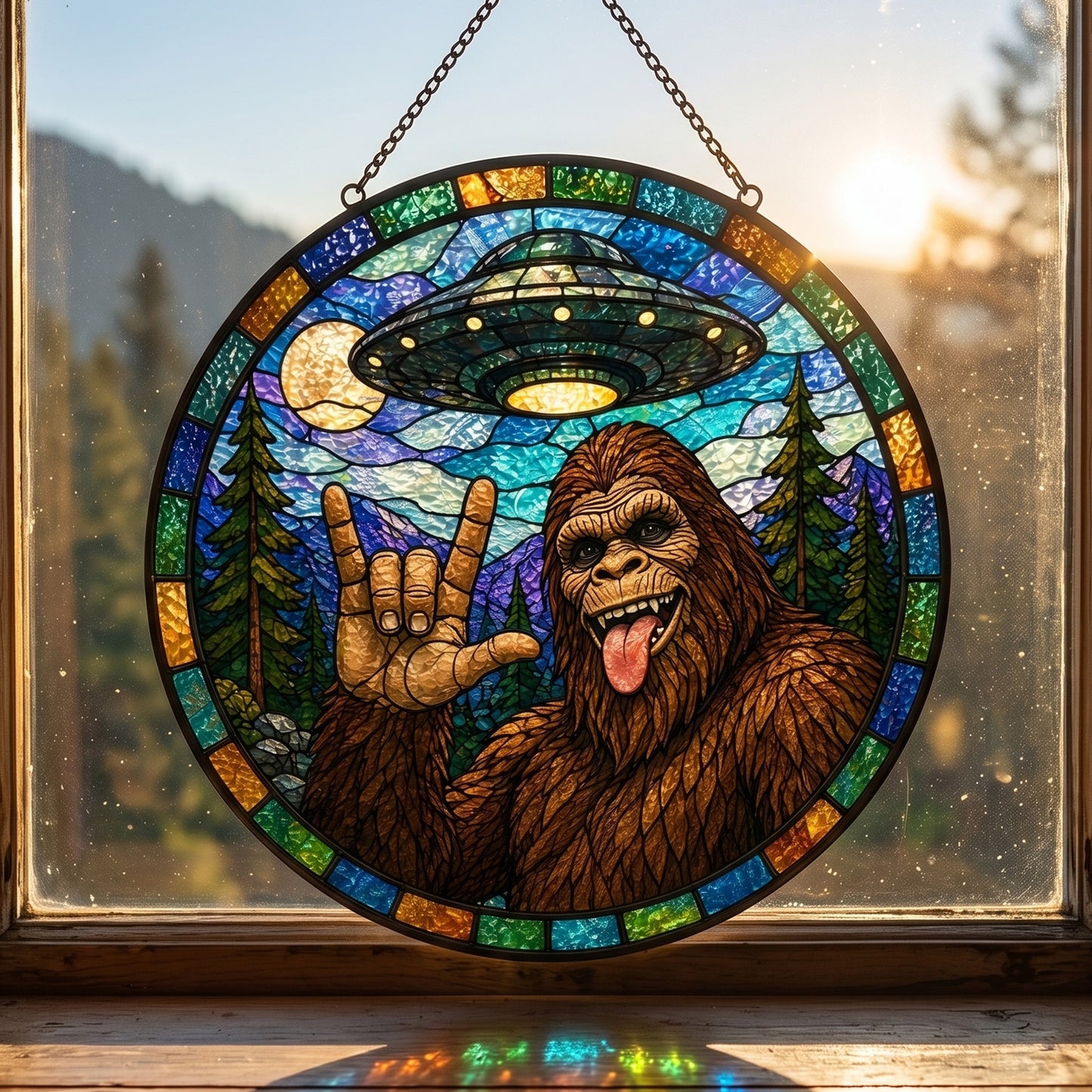 Bigfoot UFO Stain Glass Suncatcher