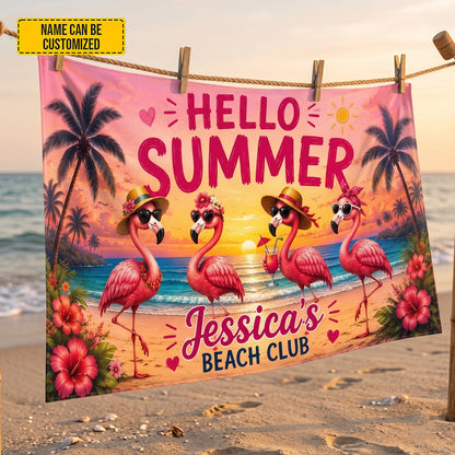 Hello Summer Beach Club – Personalized Flamingo Beach Towel/ Bath Towel
