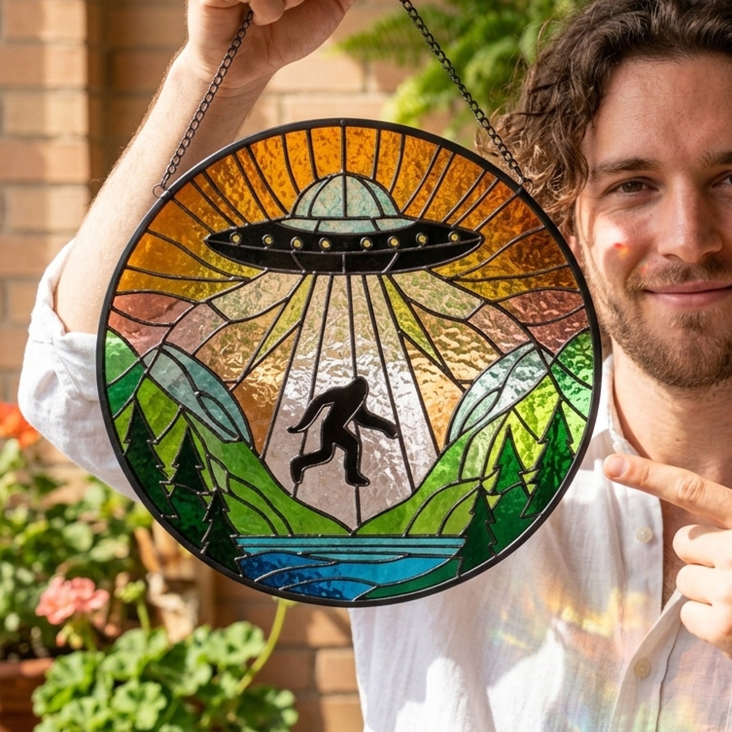 Bigfoot UFO Stain Glass Suncatcher