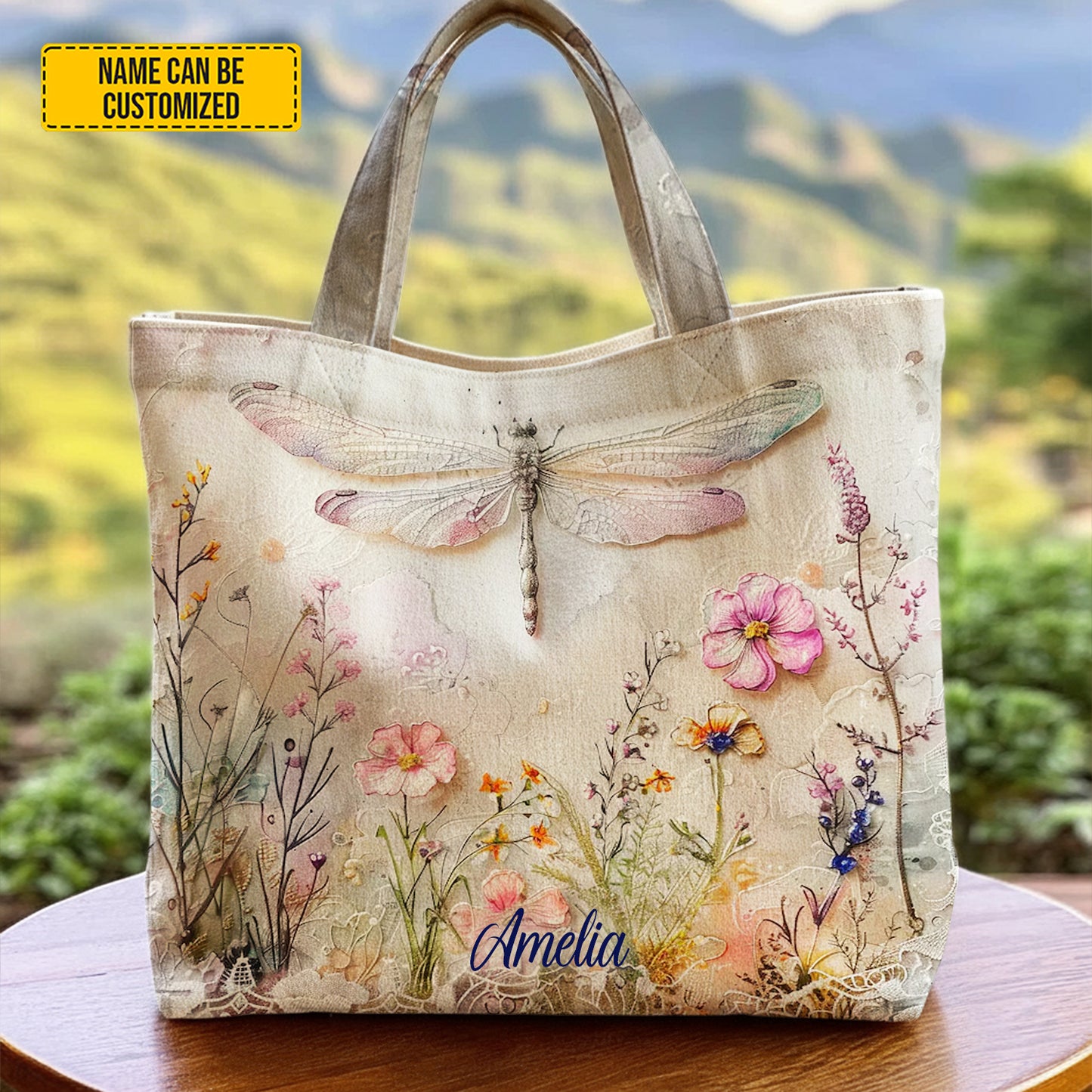 Personalized Dragonfly Floral Tote Bag