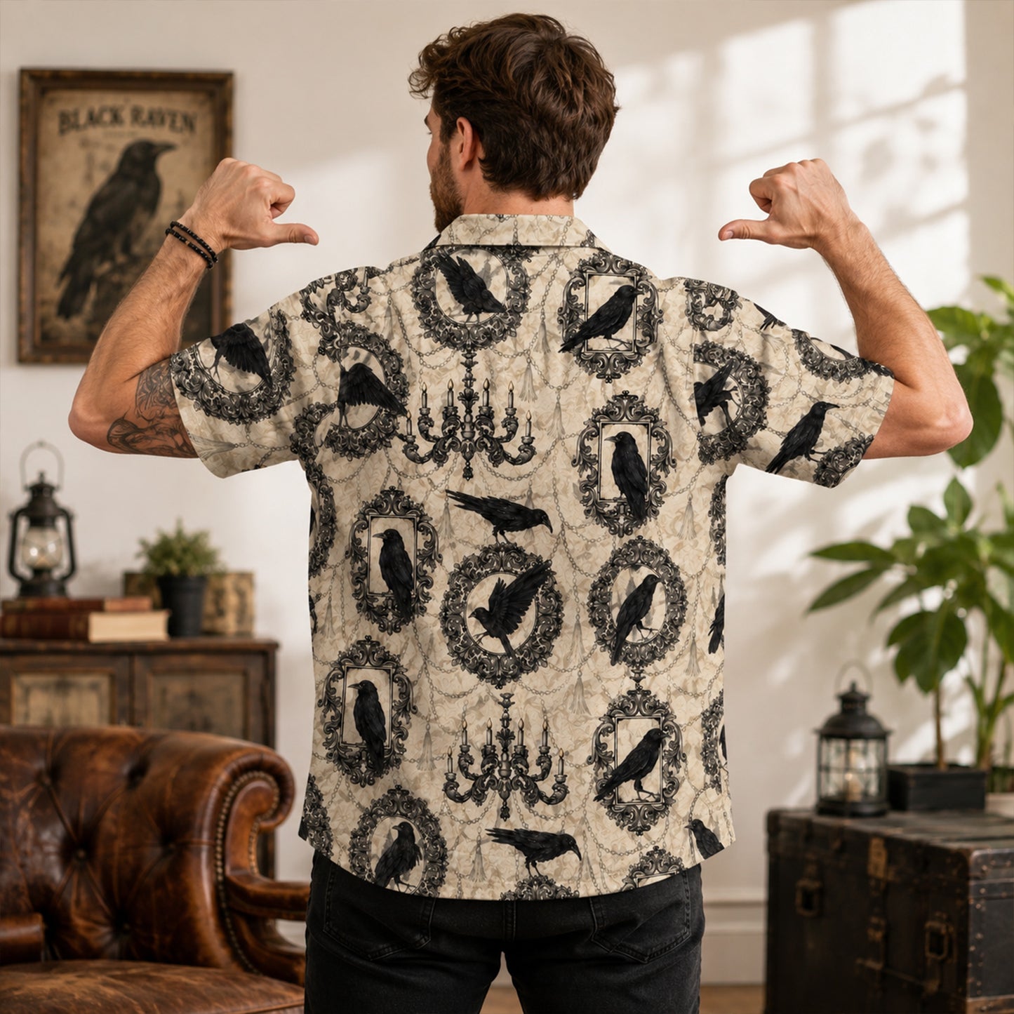 Gothic Raven Vintage Frames – Halloween Hawaiian Shirt