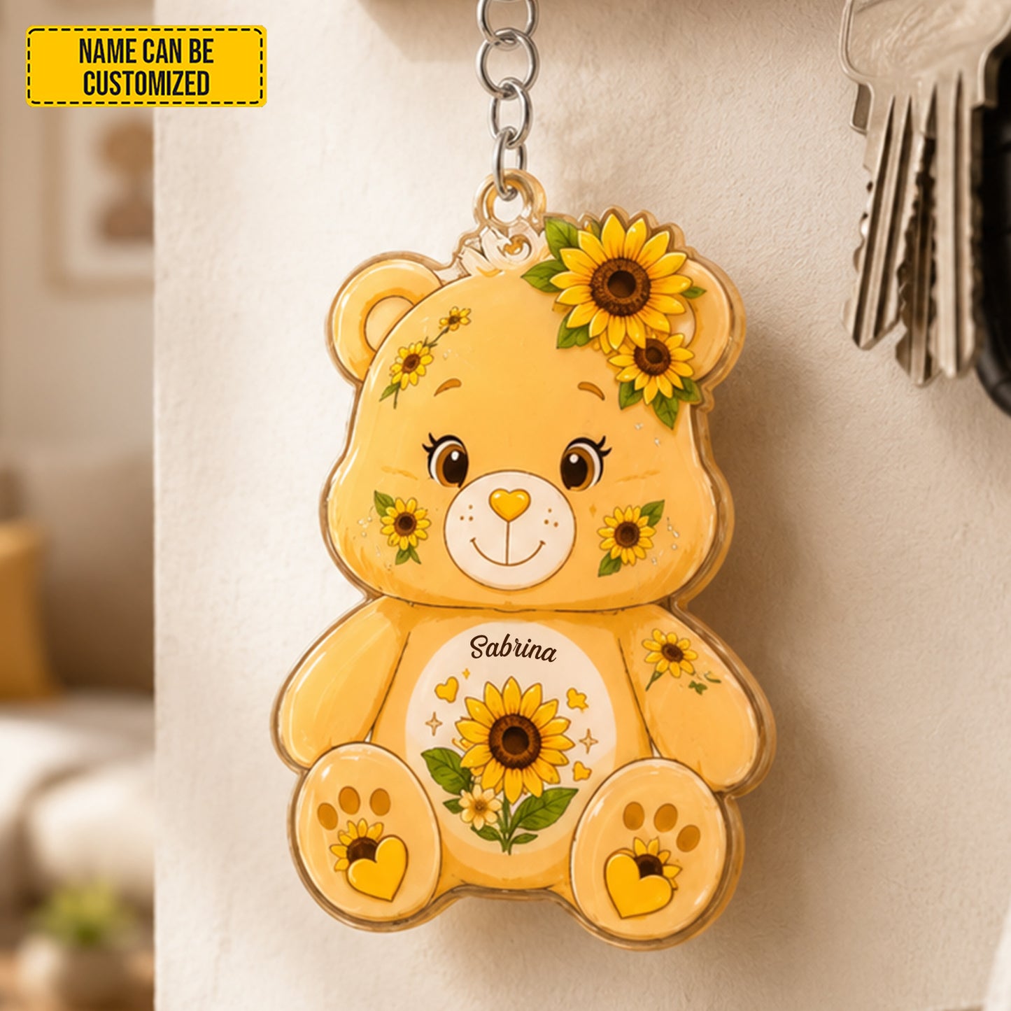 Personalized Sunflower Bear Keychain