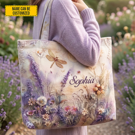 Personalized Floral Dragonfly Tote Bag