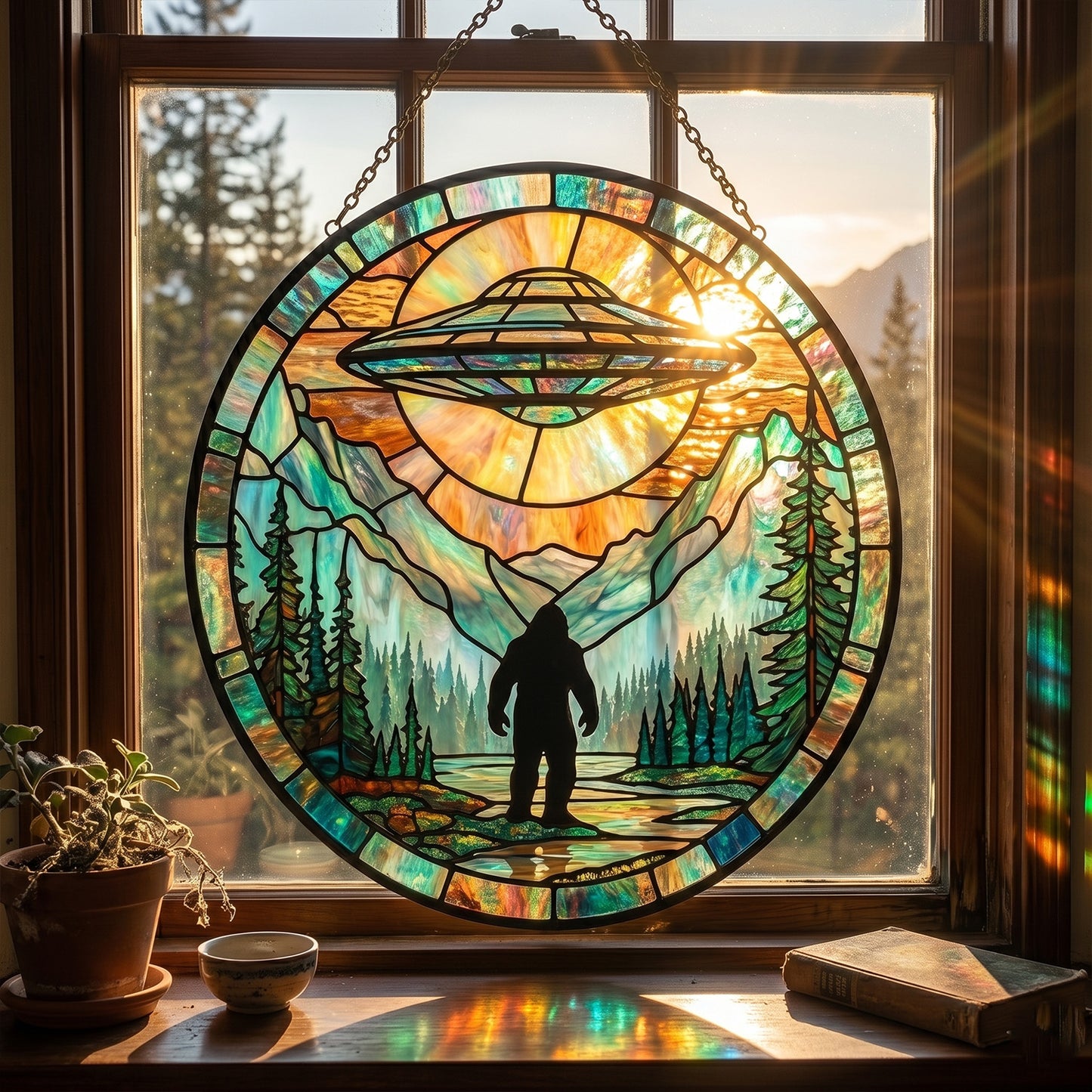 Bigfoot UFO Stain Glass Suncatcher