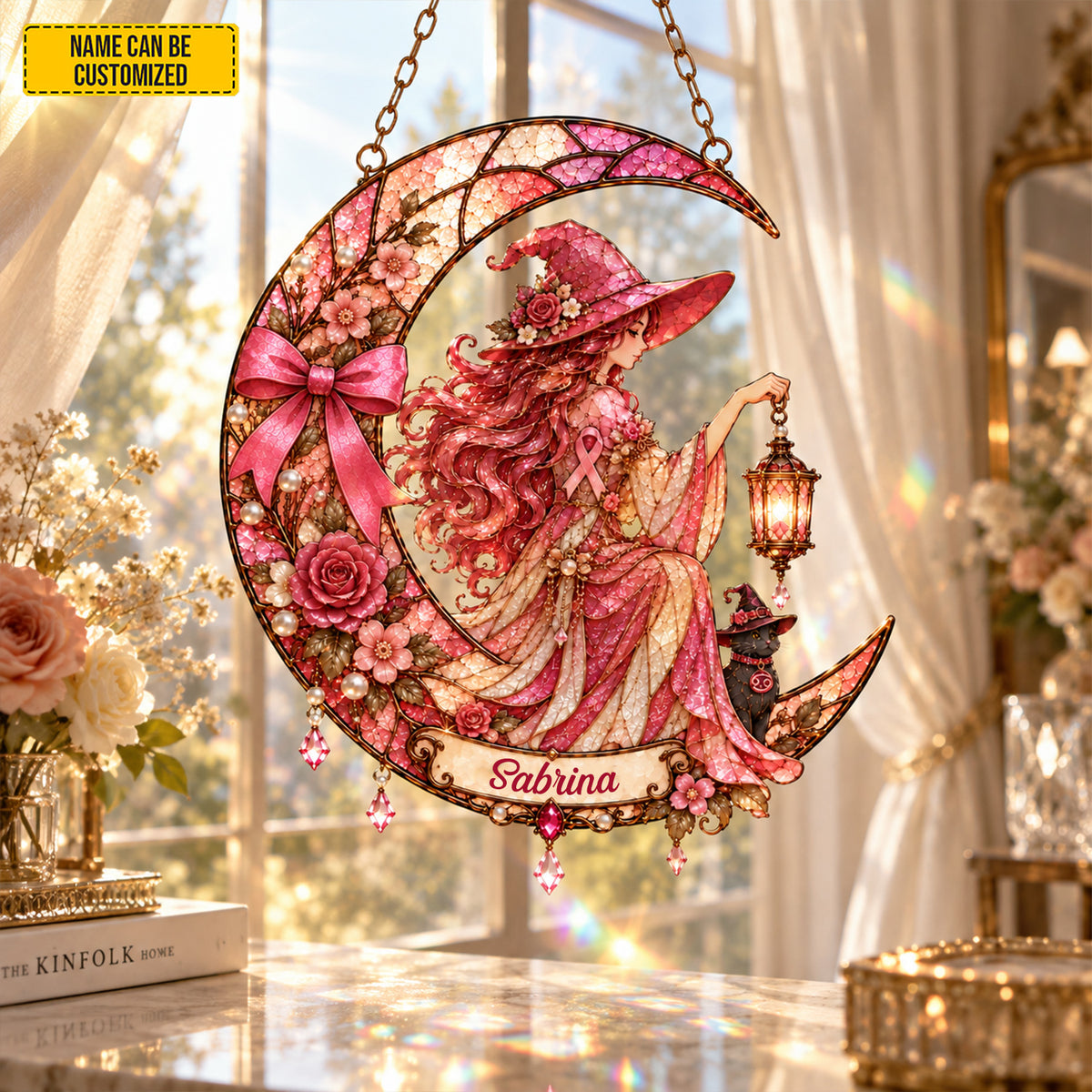 Personalized Cancer Awareness Witch Suncatcher – Custom Name Pink Ribbon Gift