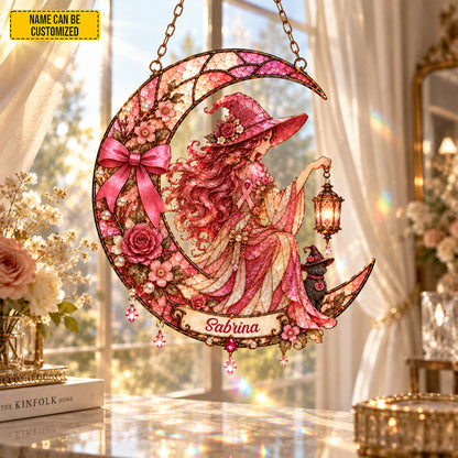 Personalized Cancer Awareness Witch Suncatcher – Custom Name Pink Ribbon Gift