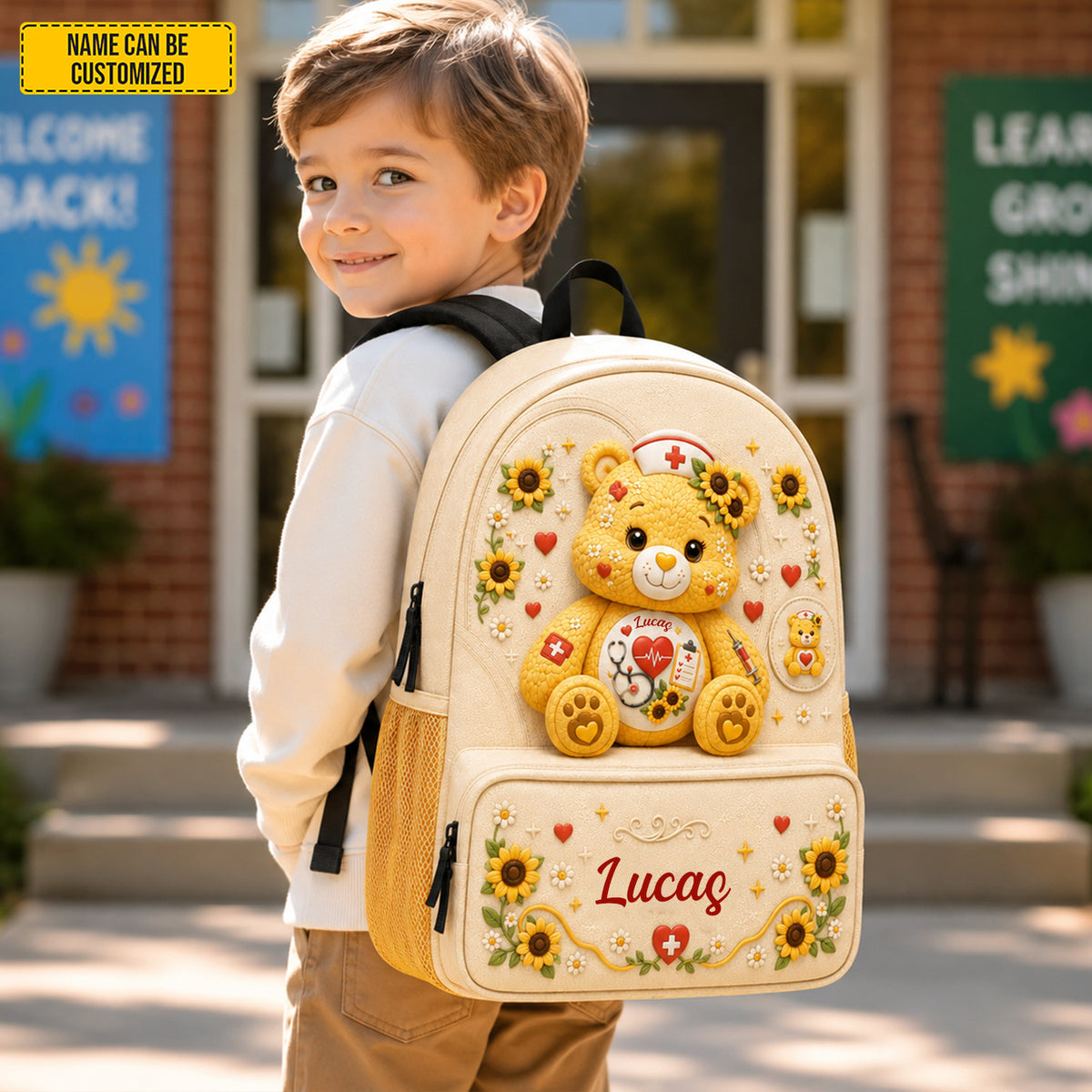 Personalized Nurse Bear Sunflower Kids Backpack