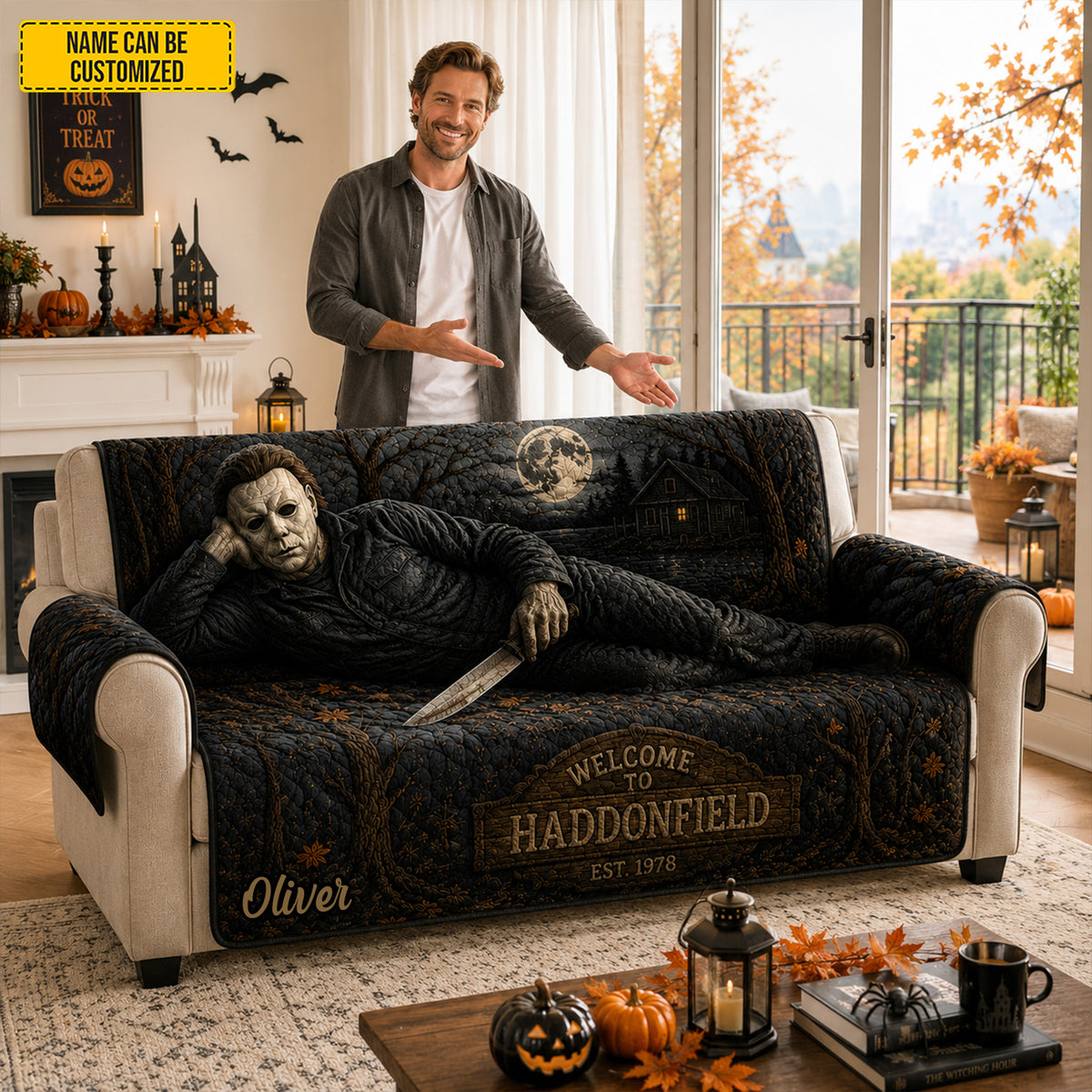 Personalized Halloween Night Horror Couch Cover – Halloween Horror Quilted Sofa Cover