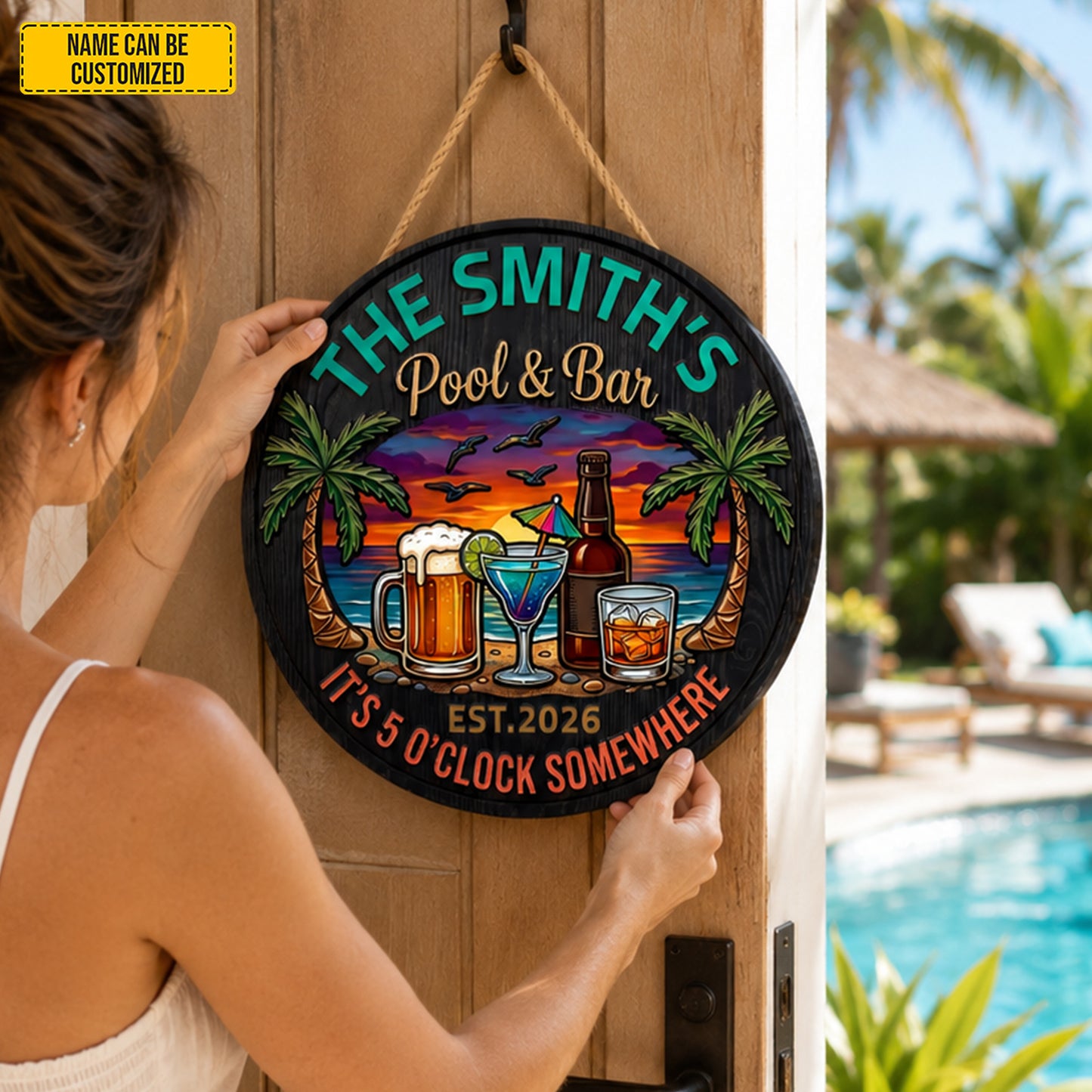 Tropical Beach Patio Decor  – Personalized Pool Wooden Sign
