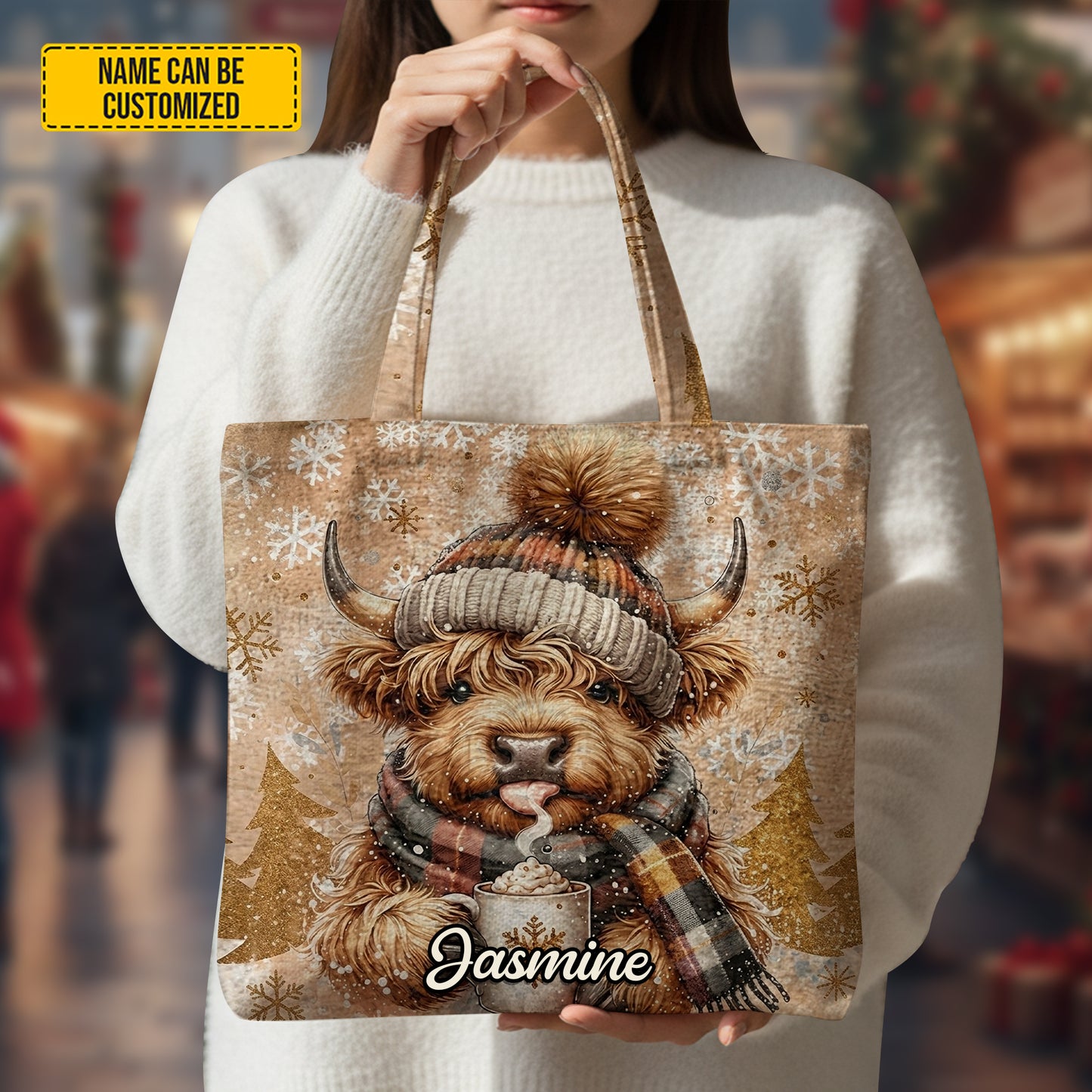 Personalized Highland Cow Winter Tote Bag