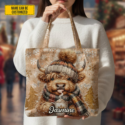 Personalized Highland Cow Winter Tote Bag