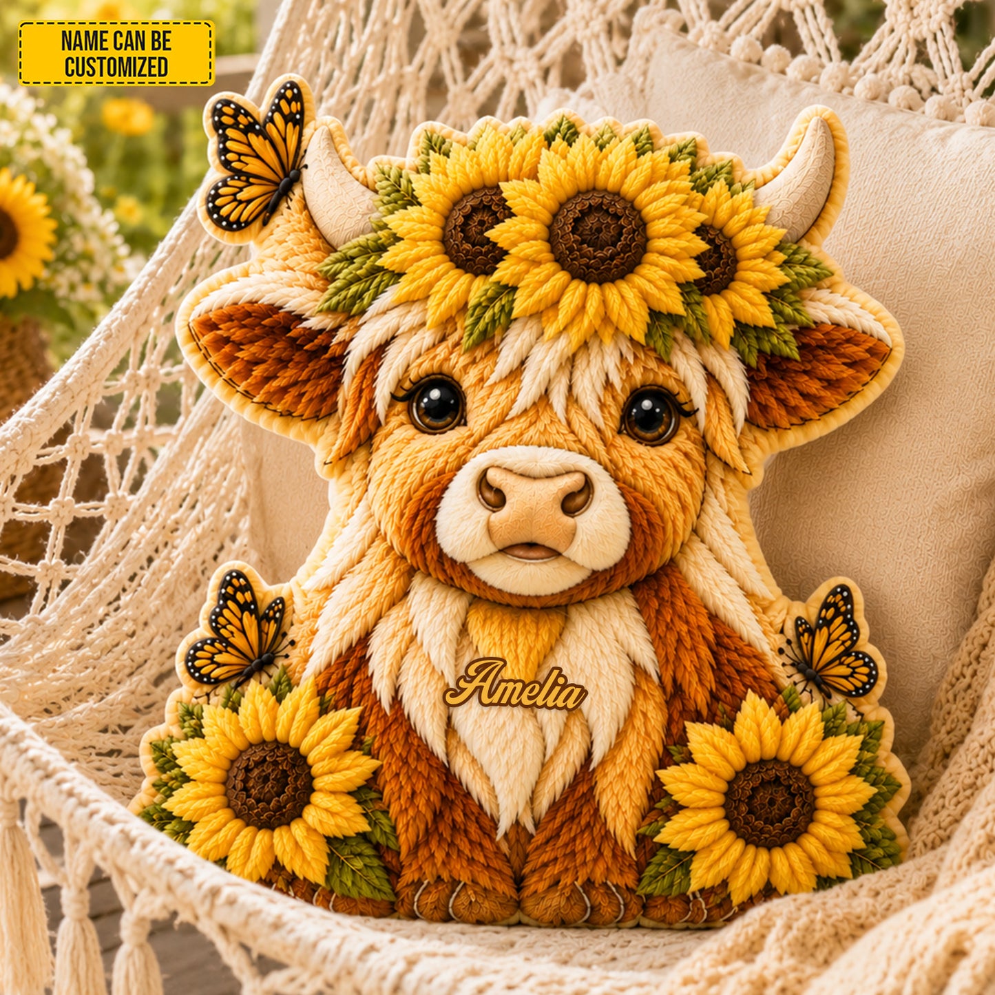 Personalized Cozy Highland Cow With Sunflower Shaped Pillow