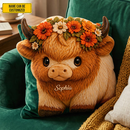 Floral Highland Cow - Personalized Cozy Highland Cow Shaped Pillow