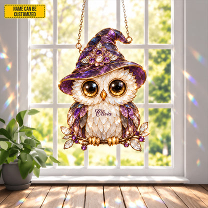 Personalized Witch Owl Suncatcher – Custom Name Stained Glass Window Decor