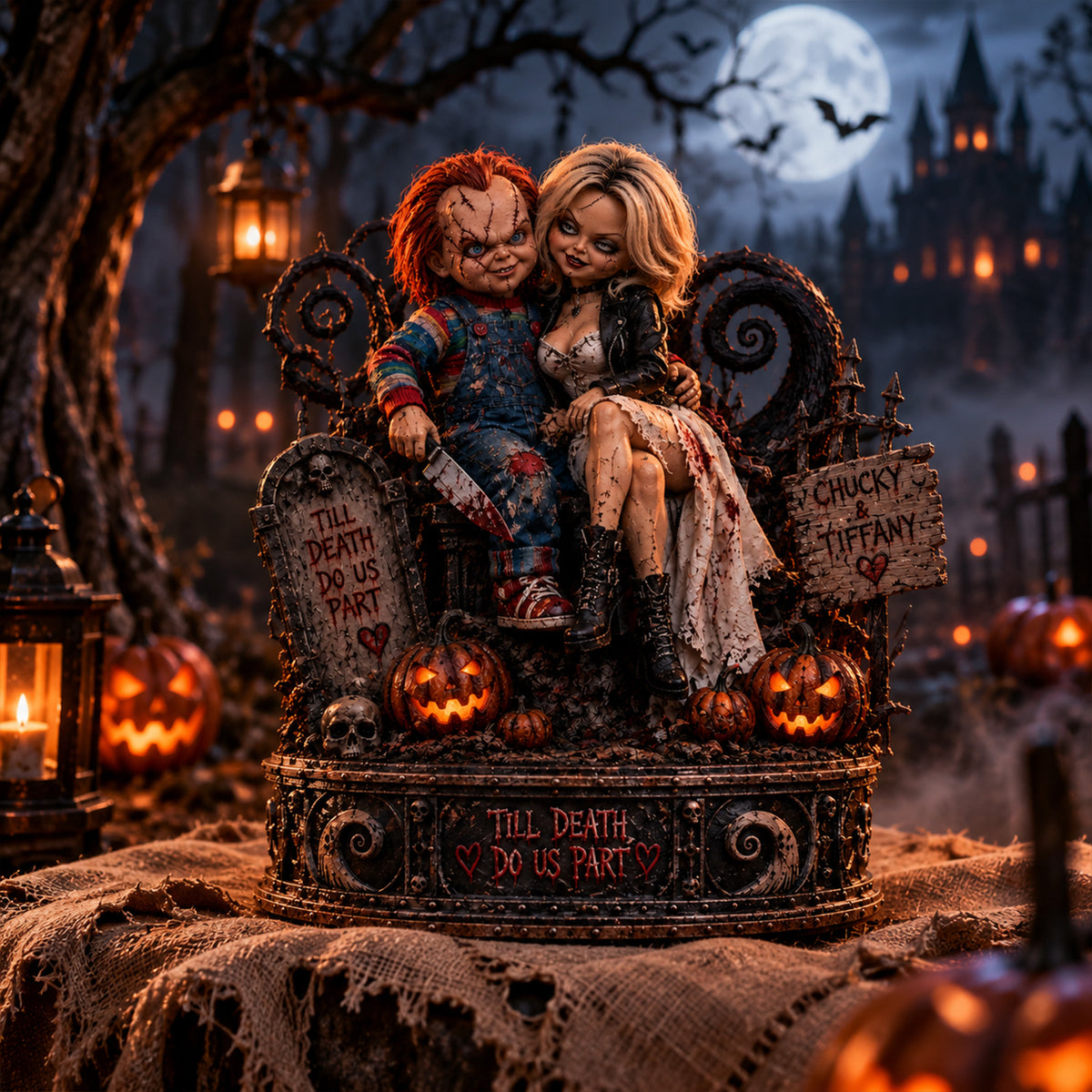 Chucky & Tiffany Till Death Do Us Part Horror Love Collectible Figurine Wooden Block - Collectible Table Decor