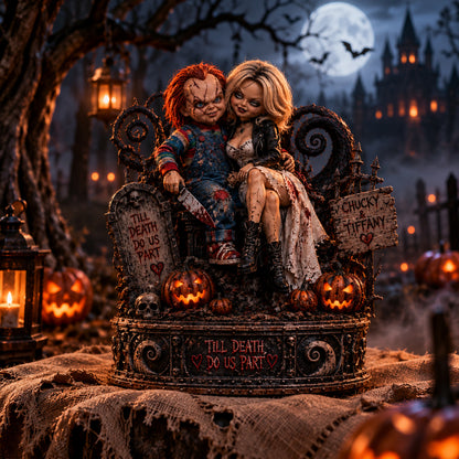 Chucky & Tiffany Till Death Do Us Part Horror Love Collectible Figurine Wooden Block - Collectible Table Decor