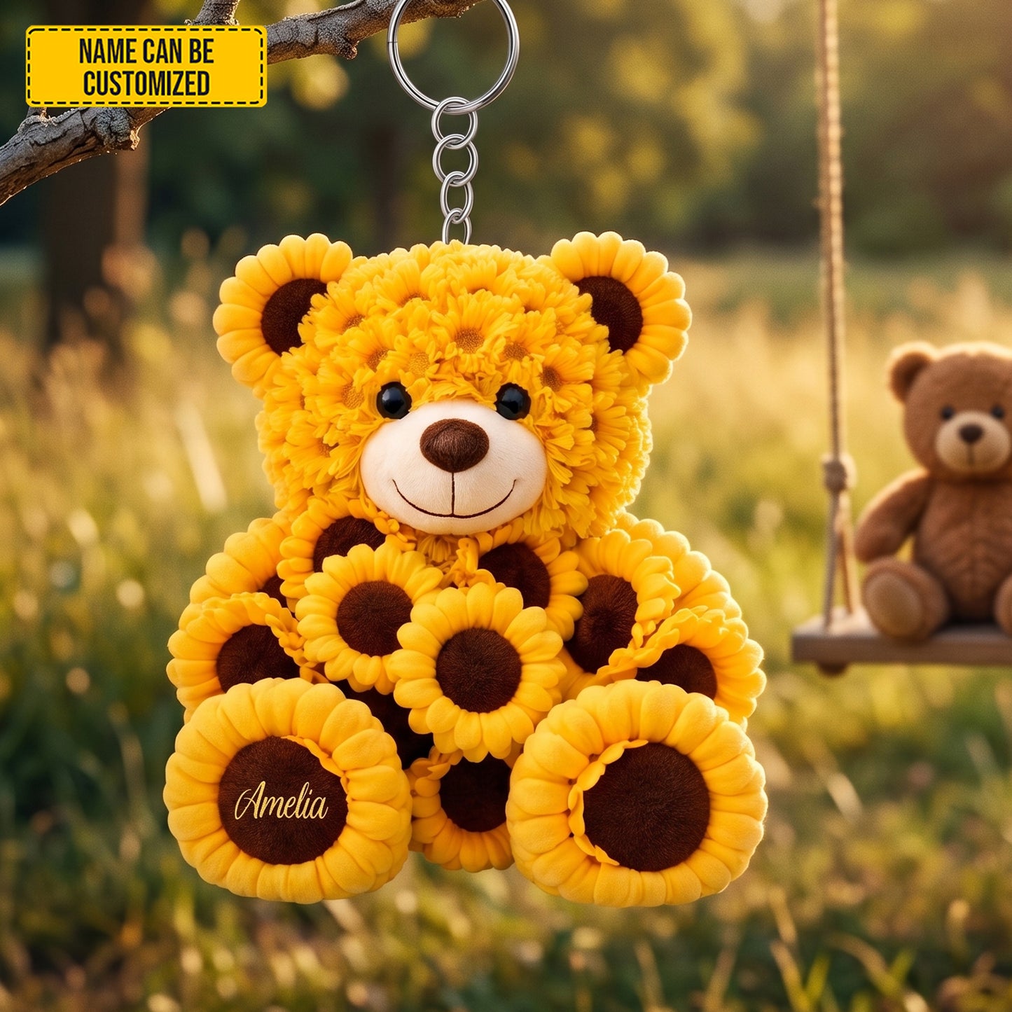 Personalized Bear Sunflowers Shape Keychain