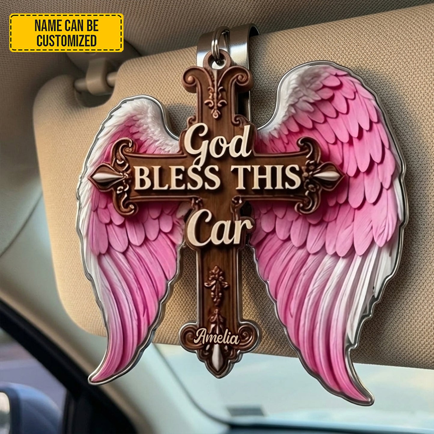 God Bless This Car – Personalized Angel Wings Car Visor Clip