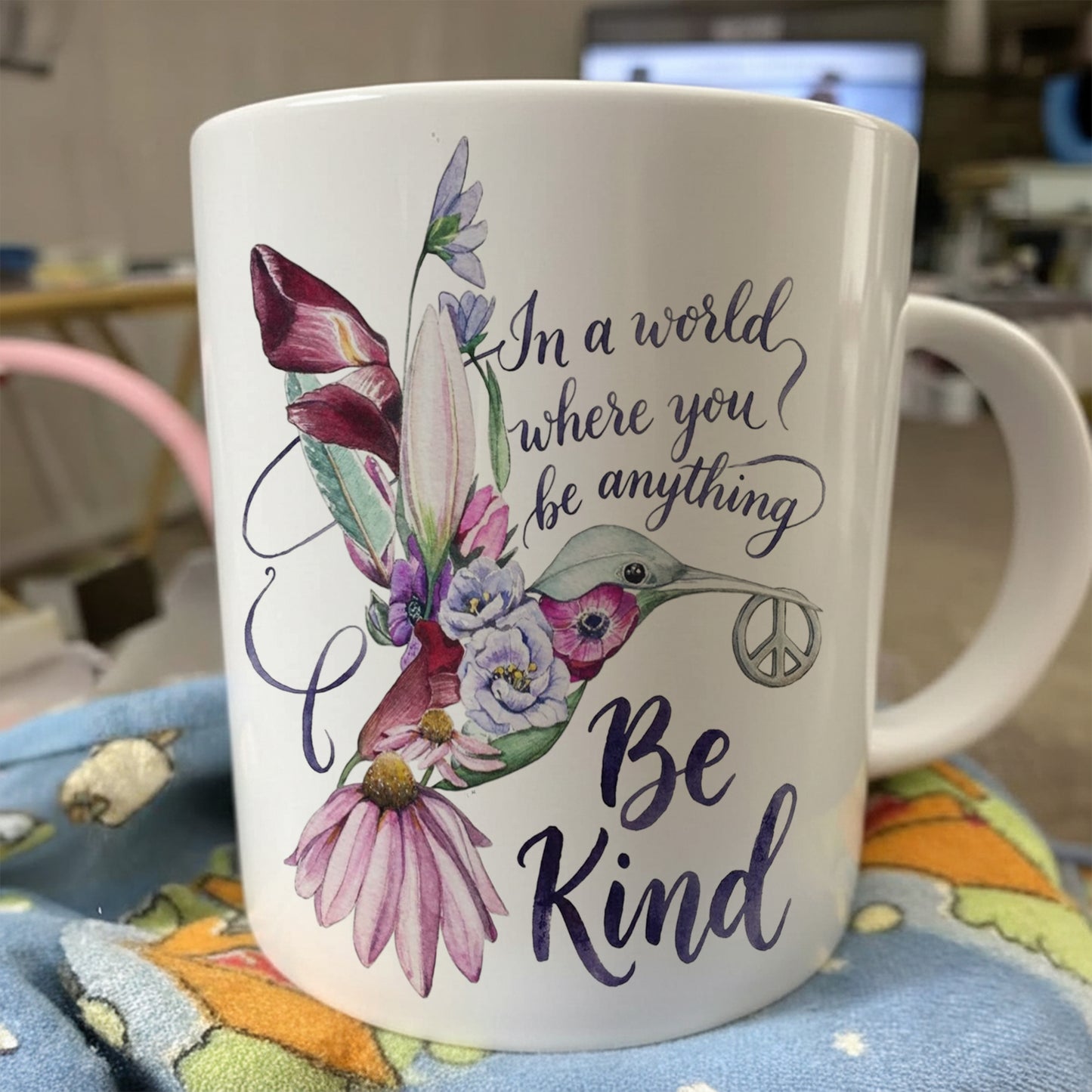 Be Kind - Hummingbird Flower White Mug