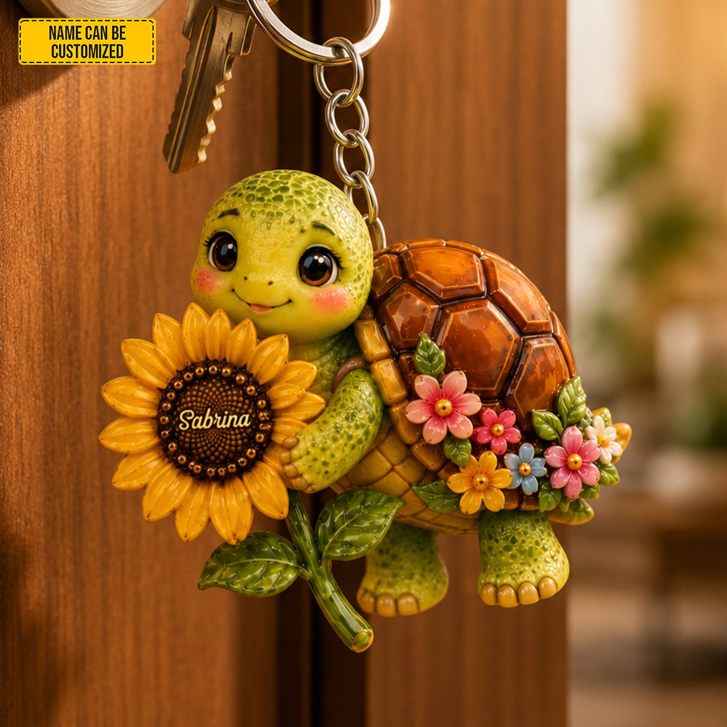 Sunflower Turtle Charm – Personalized Turtle Keychain