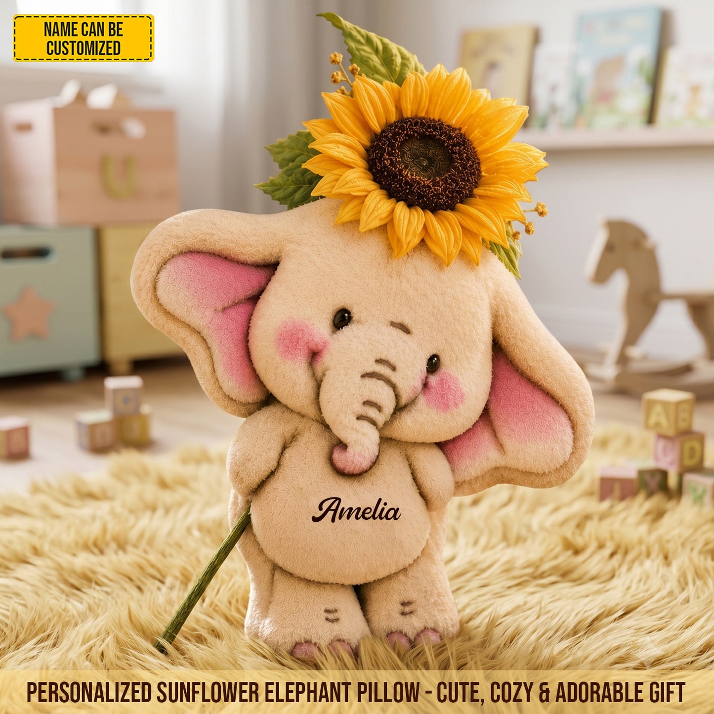 Personalized Cute Sunflower Elephant Pillow