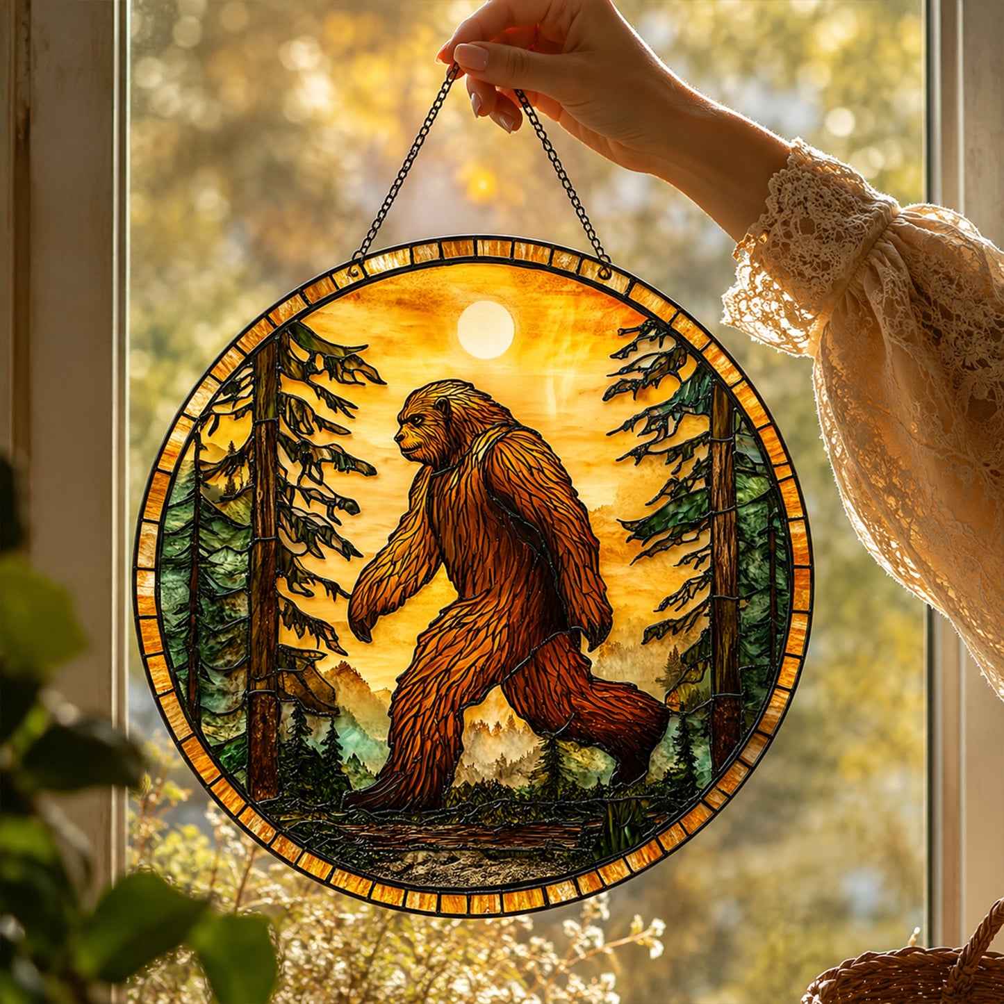 Bigfoot Forest Sunset Stained Glass Suncatcher